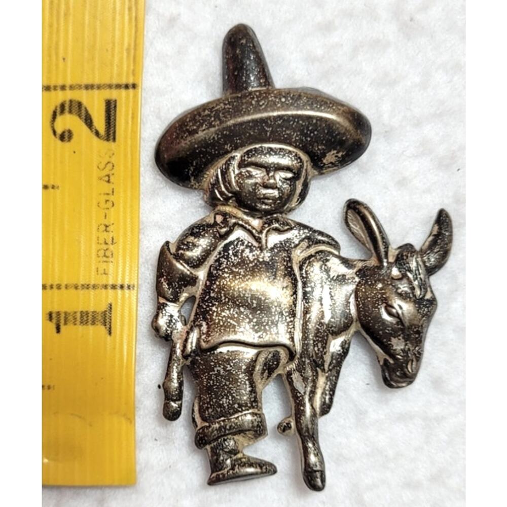 VINTAGE 1940s MEXICAN STERLING 925 BOY SOMBRERO HAT BURRO DONKEY BROOCH PIN - Picture 4 of 9